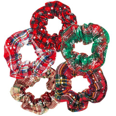 Blue Plaid Scrunchies Set - 5 Bandana Hair Ties for Women