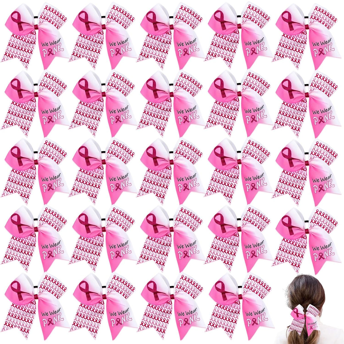24Pcs 7 Inch Breast Cancer Awareness Cheer Bows Pink Cheer Bow Large Breast Cancer Bow Pink Ribbon Hair Bow Elastic for Teenage Women Cheerleader Charity
