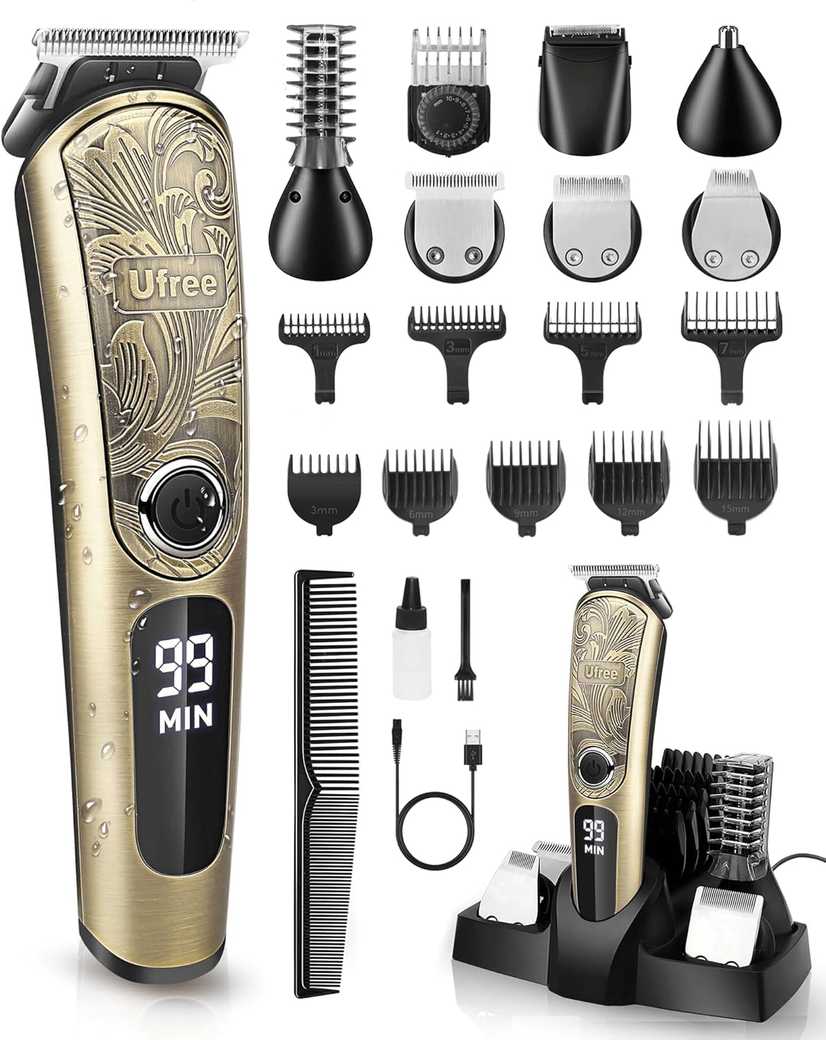 Ufree Beard Trimmer for Men, Waterproof Electric Razor for Nose, Body, Face & Mustache, Cordless Hair Clippers Shavers Grooming Kit, Gifts for Men Husband Father