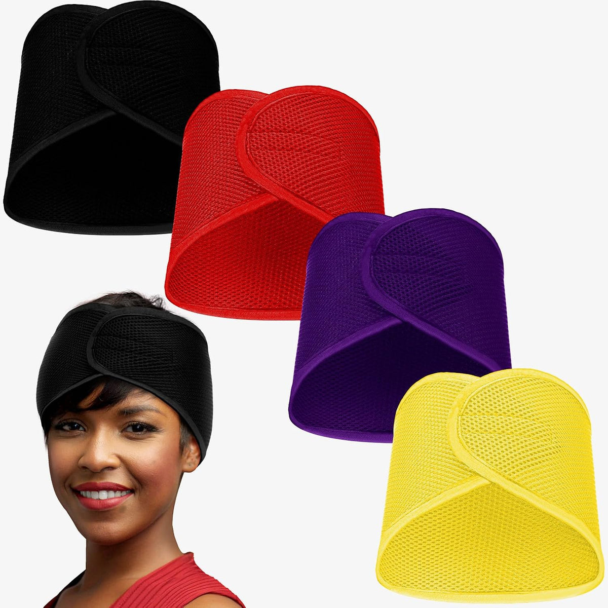Xuhal 4 Pieces Mesh Hair Wraps for Black Women - Sleeping Hair Scarf Cap, Spa Headbands, Natural Hair Wash Face Sleep (Dark Purple, Black, Gray, Camel)