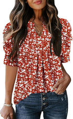 Women's Puff Short Sleeve Shirt V Neck Summer Tops Casual Fashion T Shirts Loose Fit Blouses