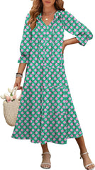 ANRABESS Women's Boho Maxi Dresses 2025 Summer Casual V Neck Puff Sleeve Floral Tiered Flowy Swing Beach Vacation Long Dress