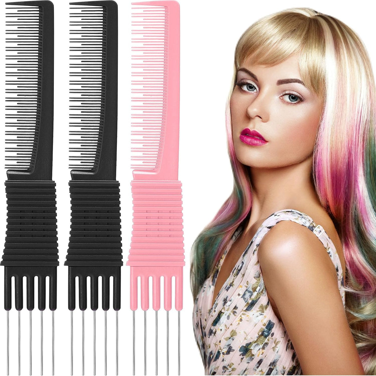 Leinuosen 3 Pack Carbon Lift Teasing Combs with Metal Prong, Hair Pick Comb for Women Hair Styling(Black)