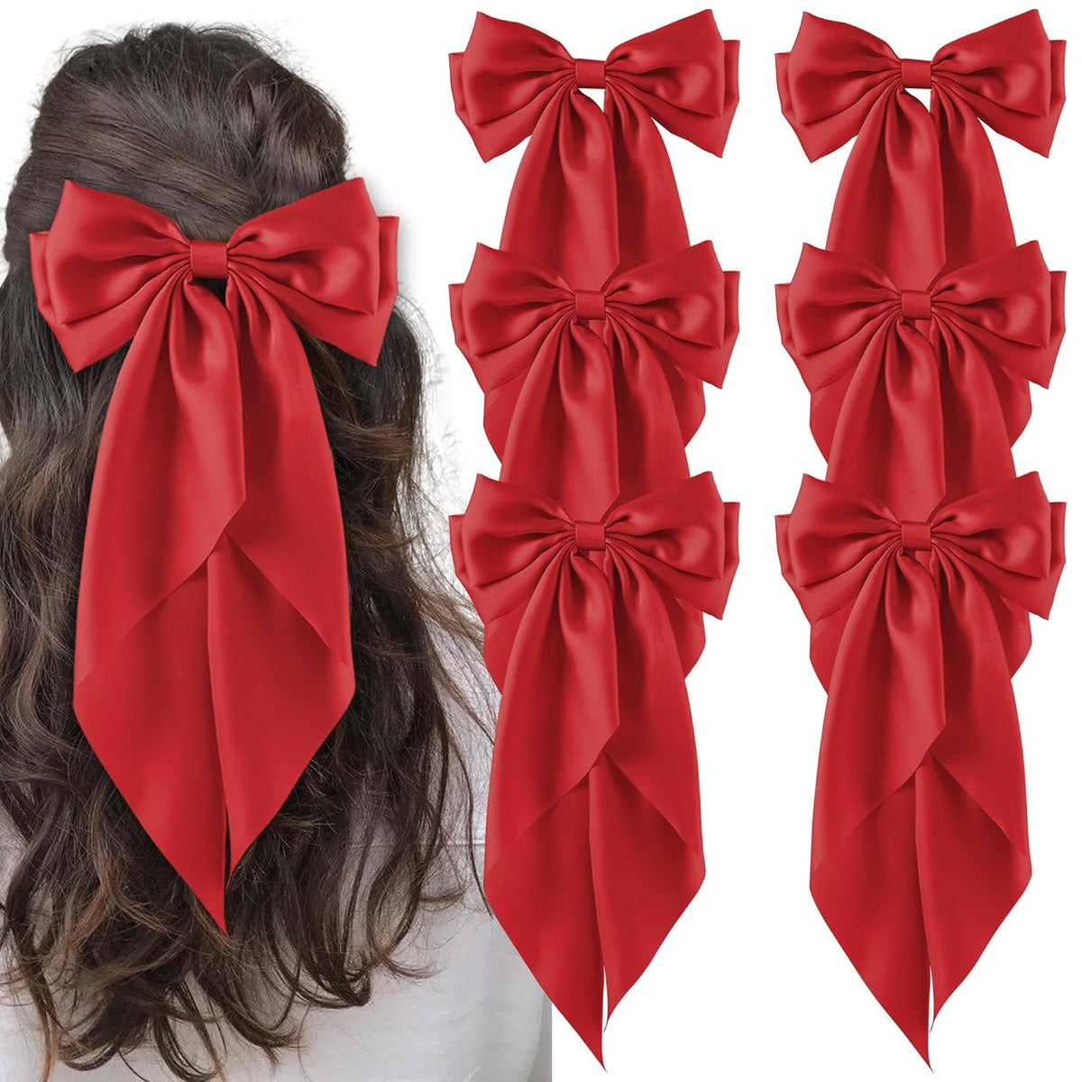 6Pcs Large Bows Hair Clips for Women Girls Long Tail Hair Ribbon Silky Satin Barrettes Coquette Bows Accessories (Black/Pink/Red/White)