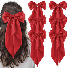 6Pcs Large Bows Hair Clips for Women Girls Long Tail Hair Ribbon Silky Satin Barrettes Coquette Bows Accessories (Black/Pink/Red/White)