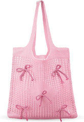Bow Crochet Tote Bag for Women Mesh Knitted Shoulder Bag Coquette Cute Aesthetic Travel Tote for Girls