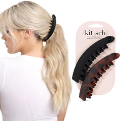 Kitsch Banana Clip – Retro 80’s Style Hair Clips for Women, Secure & Durable No Crease Banana Clips for Styling, Ponytails & Updos – Eco-Friendly Hair Accessories for Girls – Black & Tort, 2pc Set