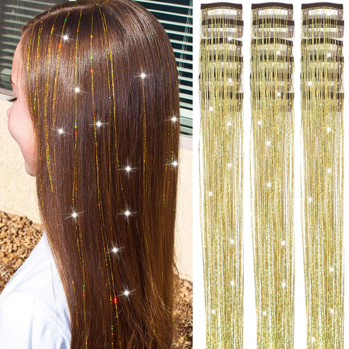 18 Pcs Hair Tinsel Clip in, 20.5 Inch Glitter Tinsel Hair Extensions, Shiny Sparkling Fairy Hair Tinsel Clips, Dazzling Party Rainbow Hair Accessories for Girls Women Kids (Rainbow)