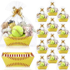 Kolldenn 12 Pack Softball Baskets for Gifts Empty Paper Gift Baskets with Cellophane Packaging Bags and Pull Bows Cardboard Softball Trays for Sports Party Favors Holiday Present Packaging 9.8x 6.5''