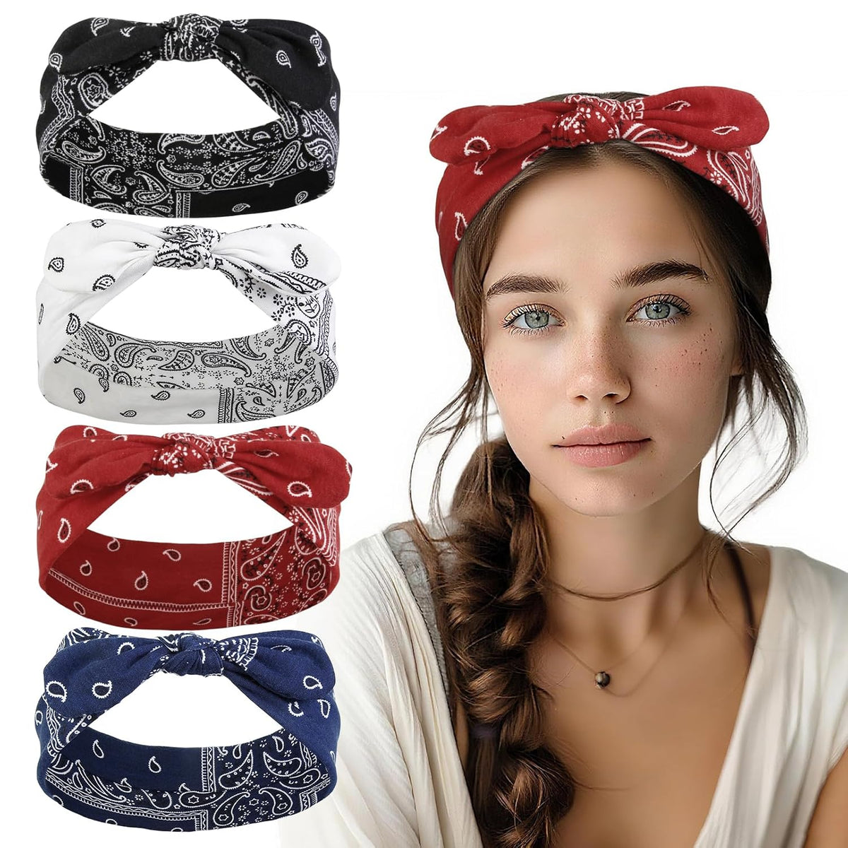 Headbands for Women Knotted Headband Elastic Head Bands Women's Hair Band Non-Slip Turban Printed Stylish Sport Sweat Hair Wrap for Girls Cute Hair Accessories 4PCS