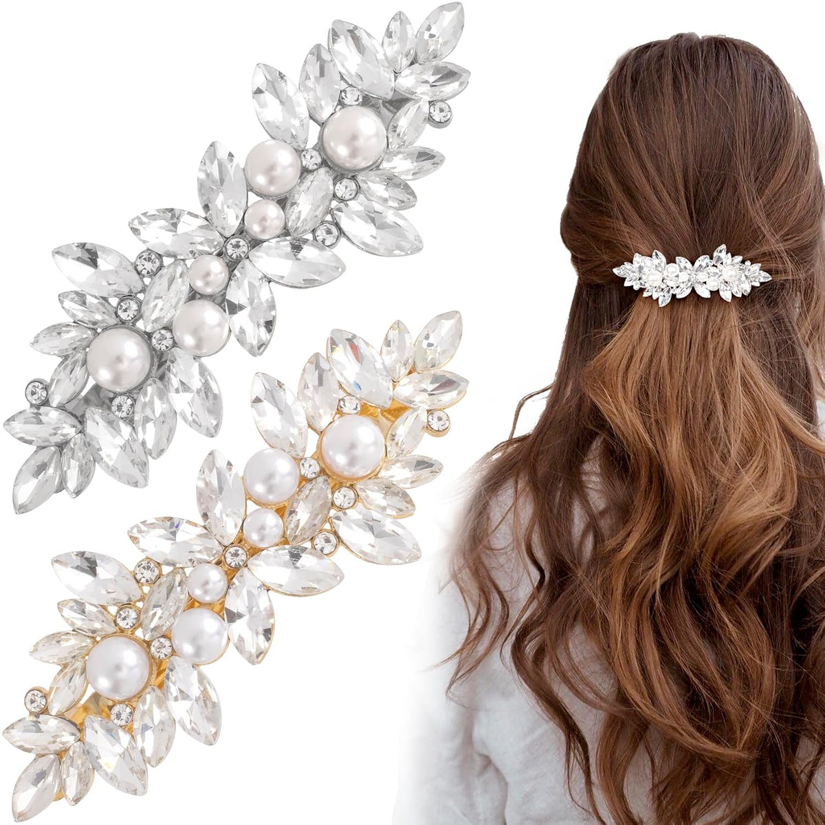 Joez Wonderful Rhinestone Hair Clips, Silver Bridal Hair Accessories for Women, Sparkly Crystal Hair Pins, Fancy Flower Hair Barrettes for Wedding, Bride, Long Hair (1 Pcs)
