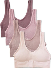 Kalon Women's 4 Pack Ribbed Bralette Crop Top Comfort Sports Bra