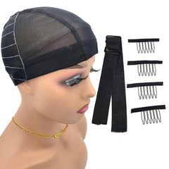 Wig Cap with Guideline Map for Wig Making, Stretchable Mesh Dome Caps with 1 Elastic Band and 4 Wig Combs for Beginners Sewing Wig (Medium: 21"-22", 4 * 4 Closure)