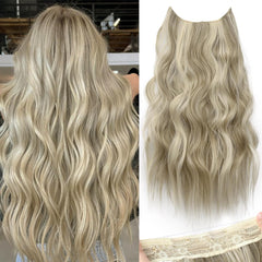 KooKaStyle Invisible Wire Hair Extensions with Transparent Headband Adjustable Size 4 Secure Clips Long Wavy Highlight Hairpiece 20 Inch Balayage Dark Brown to Chestnut for Women