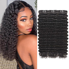Great Grace 12A Deep Wave Human Hair Bundles 24 26 28 Inch Curly Bundles Human Hair 100% Unprocessed 3 Bundle Brazilian Virgin Human Hair Extensions Quick Weave Natural Black Color