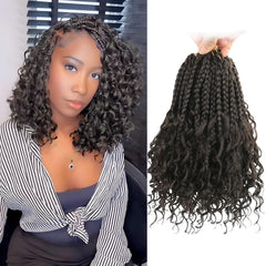 Goddess Box Braids Crochet Hair 1B - 8 Inch Pre Looped Boho Crochet Braids with Curly Ends, 8 Packs Crochet Hair for Black Women Boho 3X Synthetic Braiding Hair Extensions