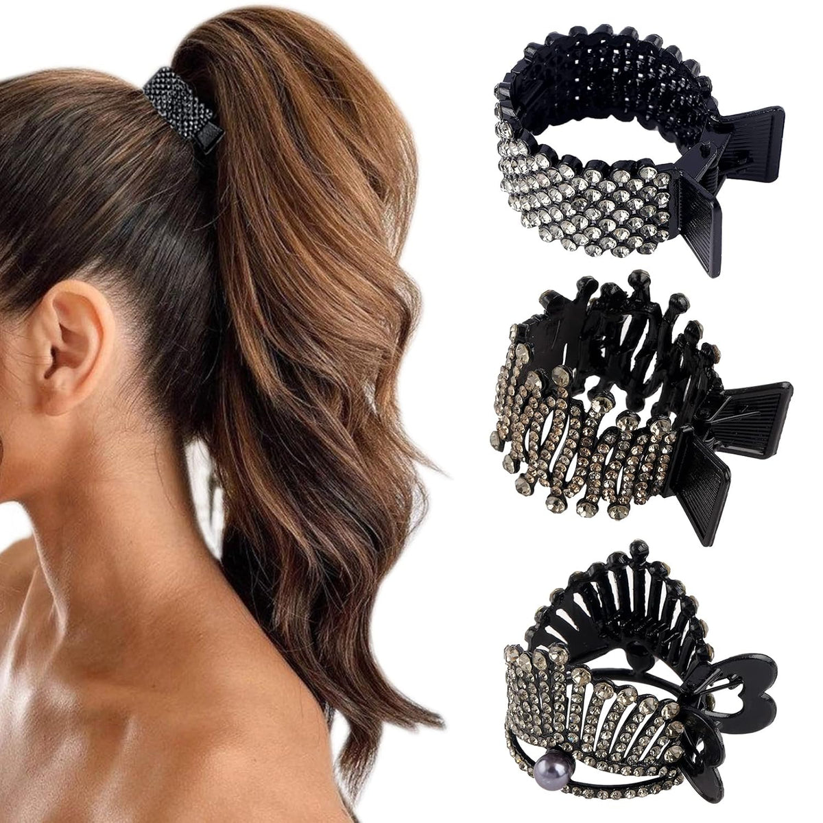 FRDTLUTHW 1.77Inch Small Hair Claw Clips for High Ponytail, Rhinestone Shark Hair Clips for Women Thick Long Hair(Pack of 3)