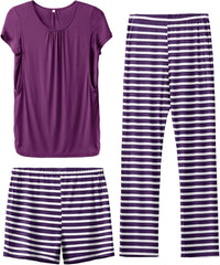 SUNNYBUY Womens Maternity Nursing Pajamas Set, Short Sleeve Breastfeeding Shirts，Pregnancy Shorts & Pants 3 Piece Nursing PJS