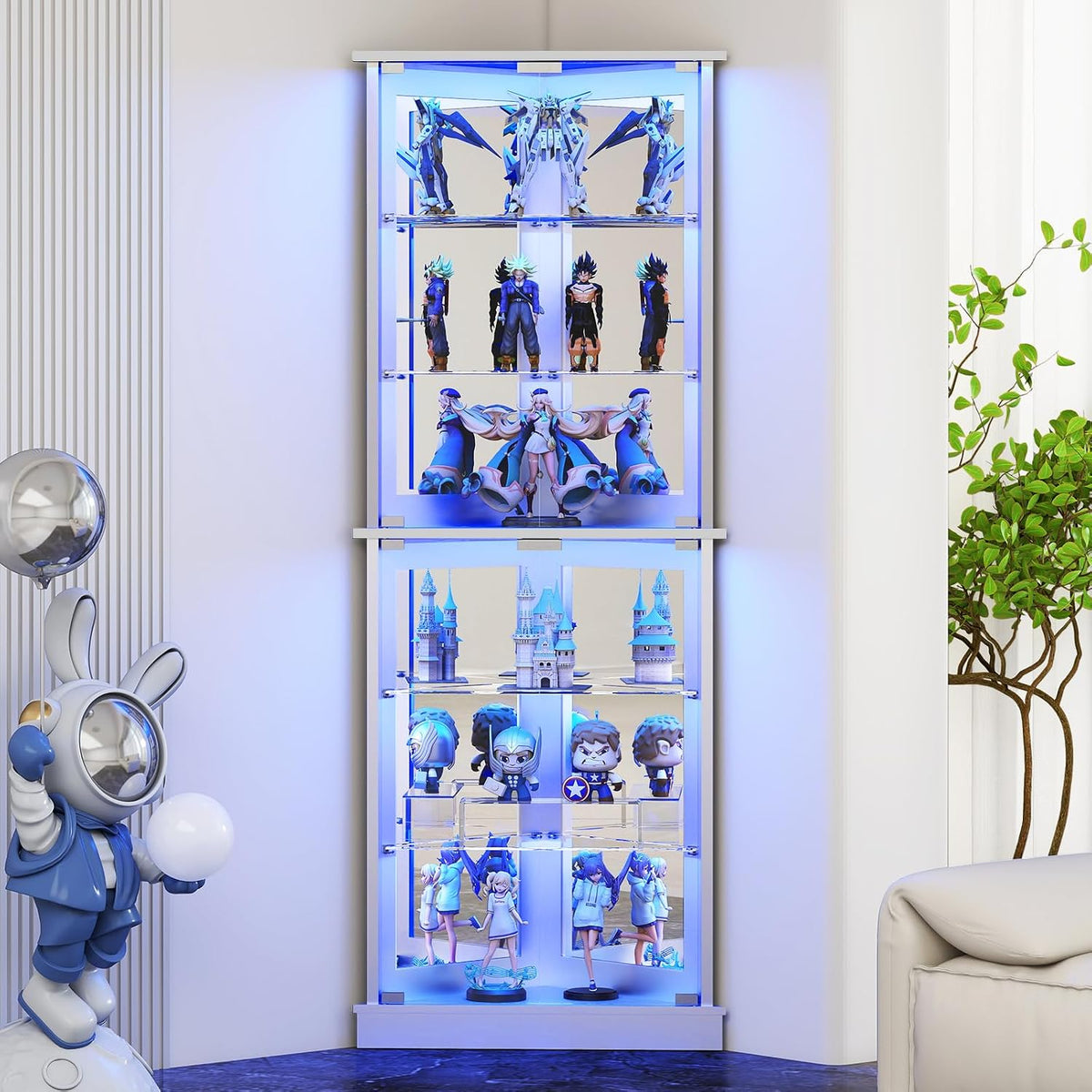 72" Corner Display Cabinet with Glass Doors, 6-Tier Showcase Curio Cabinet for Collectibles with Dynamic LED Lights, Modern Display Case for Living Room, White