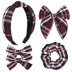 DEEKA 5 Styles Uniform Plaid Long Tail Hair Bows Knotted Headband Scrunchies Bow Set Alligator Clips Back to School Accessories for Toddler Little School Girls (Dark Green, Navy, Red&Yellow 5 Styles)