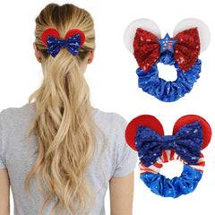 Women's Sequins Hair Bow Scrunchies, Velvet Mouse Ear Hair Ties for Ponytail, Party Favors, Cosplay Costume, Cute Accessories - Red Black