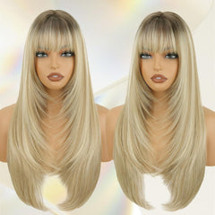 Black Long Straight Layered Wig with Bangs for Women 26 inch Put on Go Realistic Synthetic Fiber Heat Resistant Natural Wig for Girls Party Cosplay and Daily Use