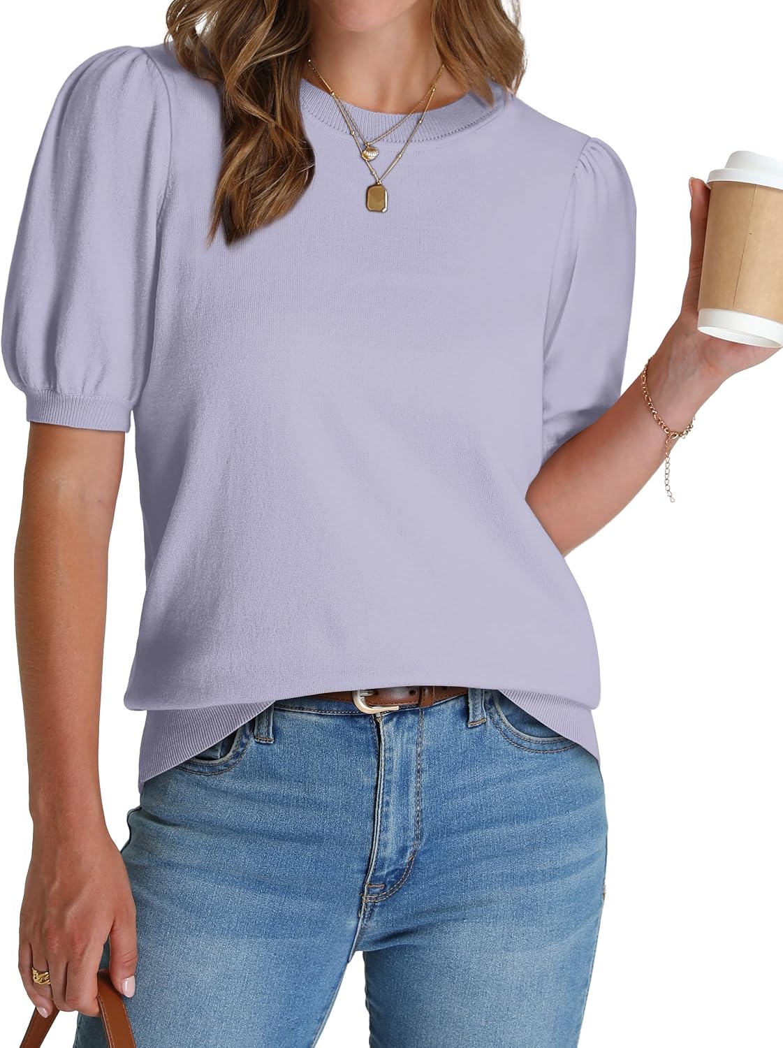 WIHOLL Women's Puff Short Sleeve Sweater 2025 Spring Summer Tops Trendy Business Casual Outfits Work Blouses Clothes
