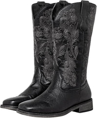 SheSole Women's Extra Wide Calf Cowboy Boots – Square Toe with Hidden Stretch Panel, Cushioned Latex Footbed & Comfort for Wider Calves