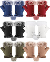 SATINIOR 6 Pairs Women Faux Rabbit Fur Gloves Fingerless Winter Gloves Mittens Warm Gloves Stretchy Hand Wrist Warmers (Novel Color)