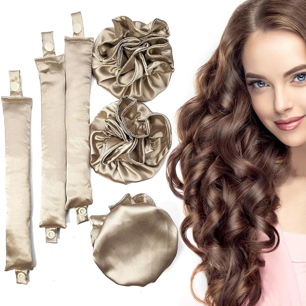 Satin Heatless Hair Curlers 3Sets/6PCS, Pillow Soft Rollers with Caps, No Heat Curling Rods and Headband for All Hair Types (3Sets-Pink)