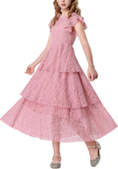 Mebius Girls Lace Maxi Long Dress Ruffle Sleeve Crewneck Tiered A-Line Swing Wedding Party Dresses