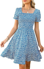 Lyrur Women's Short Sleeve Summer Dresses 2025 Spring Casual Square Neck Easter Dress A-Line Tiered Sundress with Pockets