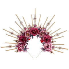 Renfaire Roses Halo Crown - Handmade Woodland Goddess Headpiece with Crystal Gold Sunburst Headband Spiked Green Rose Flower Tiaras for Women Fairy Renaissance Cosplay Halloween