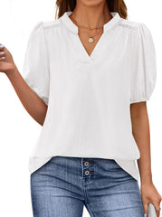 PRETTYGARDEN Womens Casual Summer Tops 2025 V Neck Short Puff Sleeve Pleated Cotton T Shirts Loose Dressy Blouses