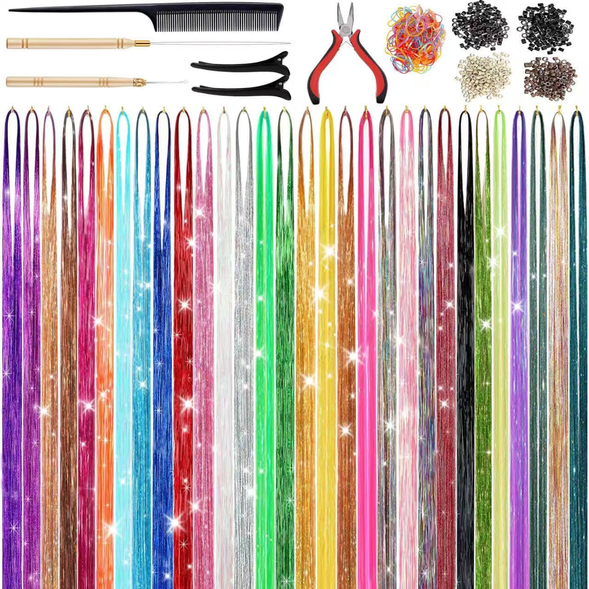 22 Colors 7700 Strands Hair Tinsel Kit, 48 Inch Glitter Tinsel Hair Extensions for July Fourth Christmas New Year Halloween Cosplay, Heat Resistant Fairy Hair Accessories for Girls, Kids, Women