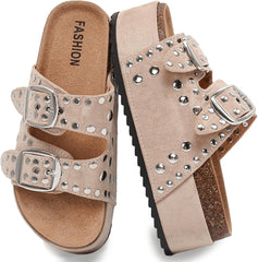 Women's Platform Sandals With Cork Footbed Adjustable Double Buckle Suede Chunky Sandals for Summer Shoes Fashion Thick Soled Mules Slides Beach Wide Widths Studded Sandals Walking Footwear