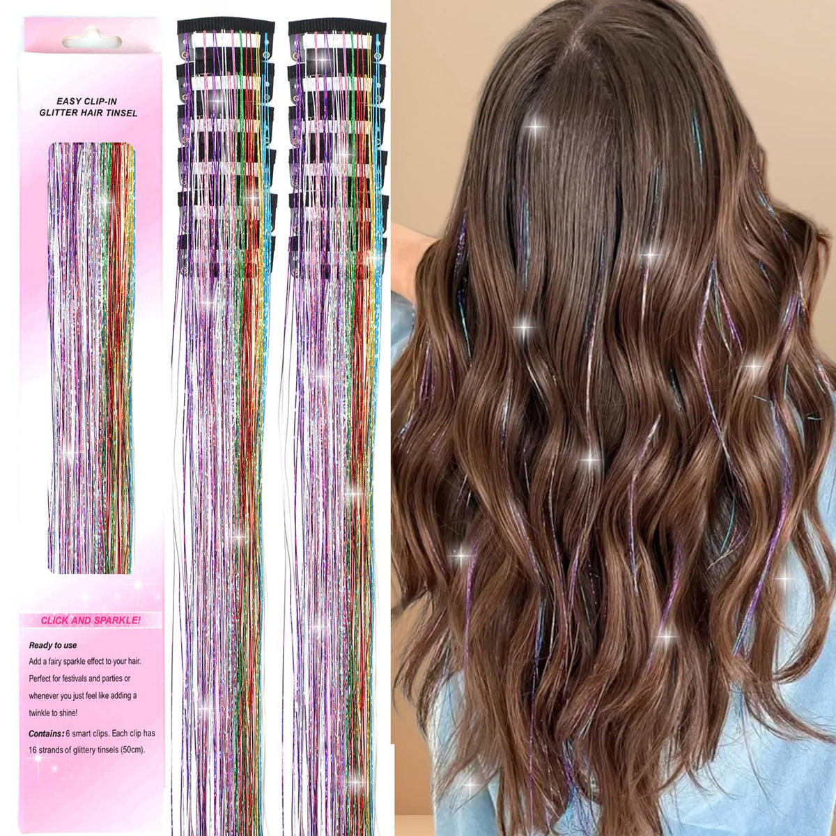 Hair Tinsel Clip in 12Pcs Pink Tinsel Hair Extensions, Clip in Hair Tinsel Fairy Glitter Hair Tinsel Kit Heat Resistant Sparkly Hair Accessories for Girls Women Kids (PINK)