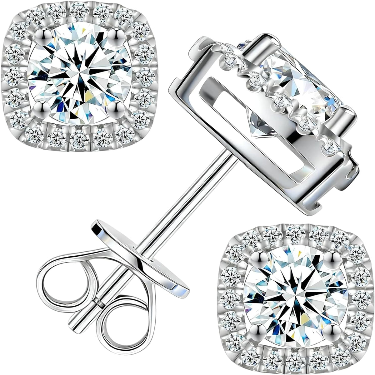 Tunzug Moissanite Stud Earrings 0.5-3 CT D Color VVS1 Lab Cultured Diamond, 925 Sterling Silver 18K White Gold Plated Flat Back Hypoallergenic Earrings for Women