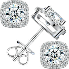 Tunzug Moissanite Stud Earrings 0.5-3 CT D Color VVS1 Lab Cultured Diamond, 925 Sterling Silver 18K White Gold Plated Flat Back Hypoallergenic Earrings for Women