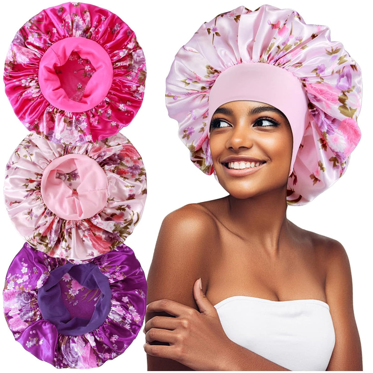 3PCS Extra Large Satin Bonnets for Sleeping, Hair Bonnets for Black Women Braids Curly Hair, C