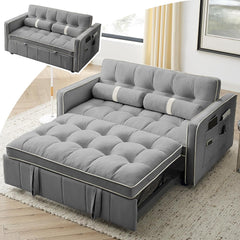 3 in 1 Pull Out Sofa Bed, 55.5" Convertible Futon Sofa Bed with 2 Pillows & Storage Pockets, Adjustable Loveseat Sleeper for Living Room, Bedroom Apartment, Velvet (Grey)