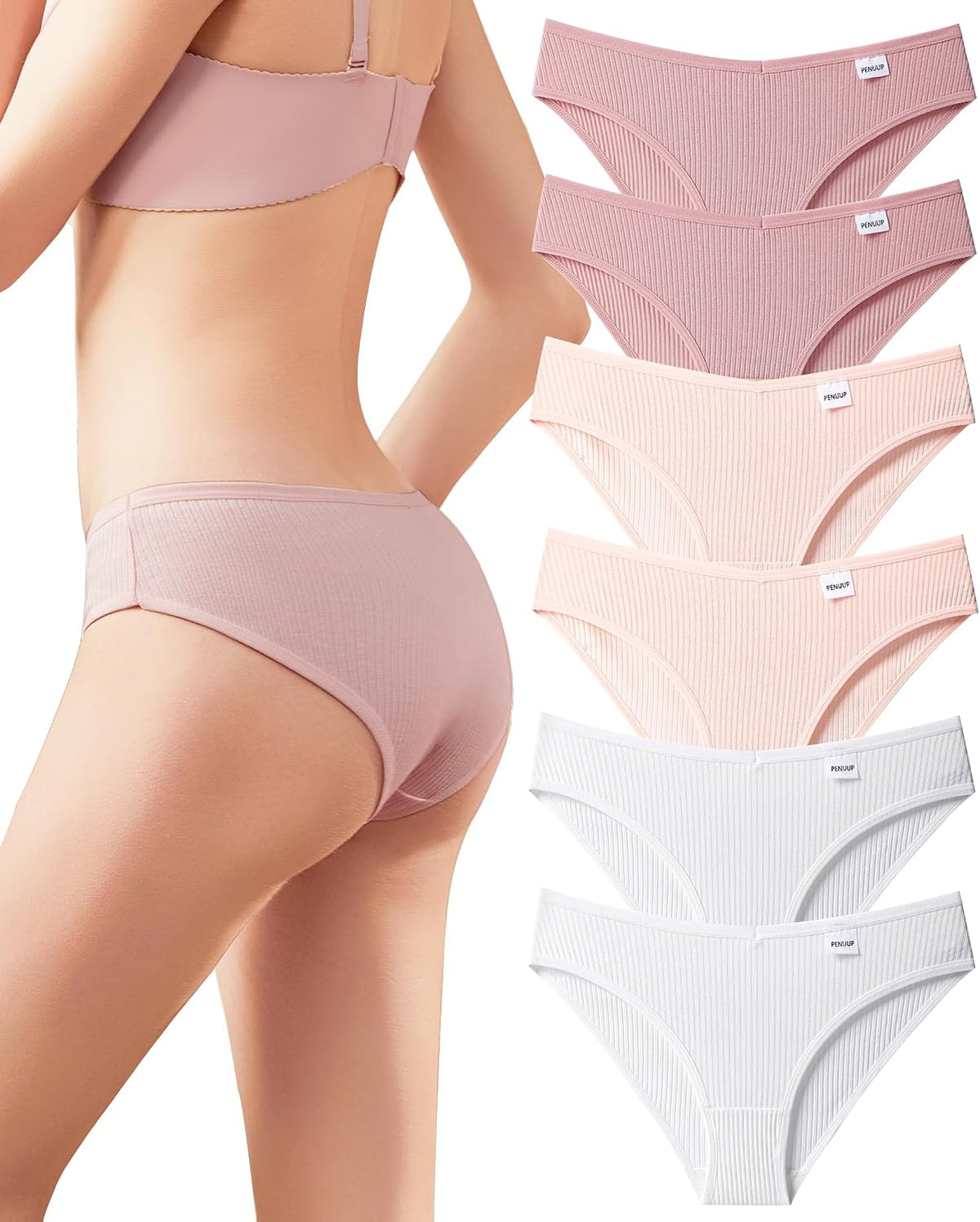 Cotton Underwear for Women Cute Low Rise Ribbed Bikini Breathable Sexy Hipster Womens Cheeky 6 Pack