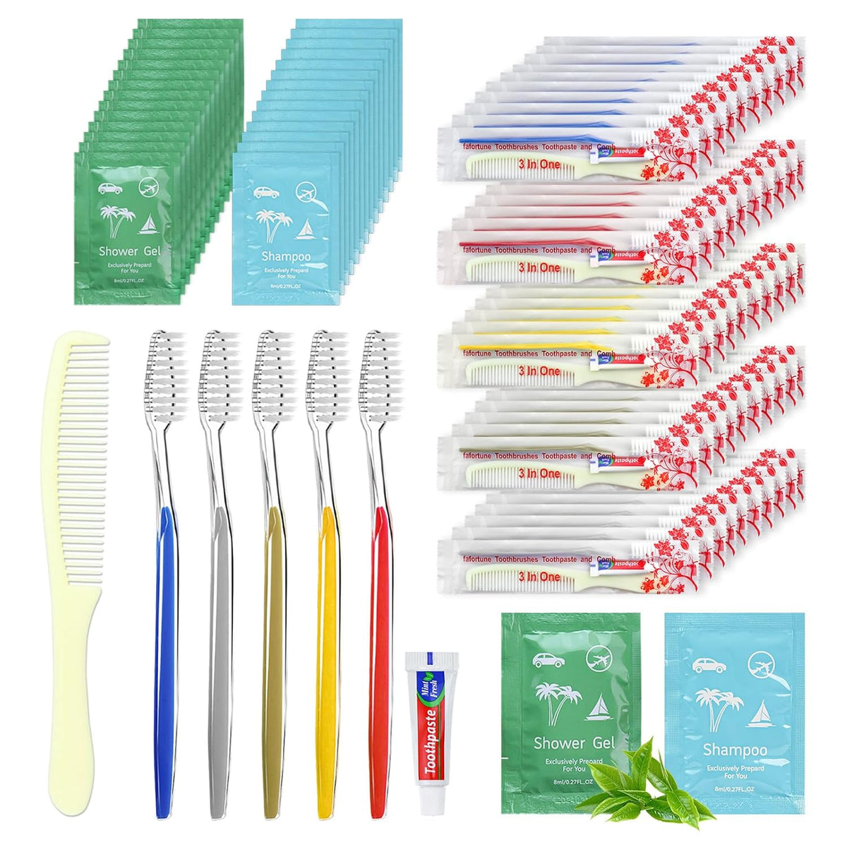 Bulk Hygiene Kits for Homeless,Disposable Toothbrushes with Toothpaste and Comb for Homeless Individually Wrapped，Basic Toiletry Kits Travel Size Shampoo And Body Wash For Hotel,Air Bnb Charity (200)