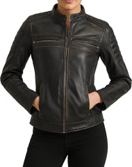 Cafe Racer Leather Jacket Women - Real Lambskin Motorcycle Genuine Leather Jacket Women