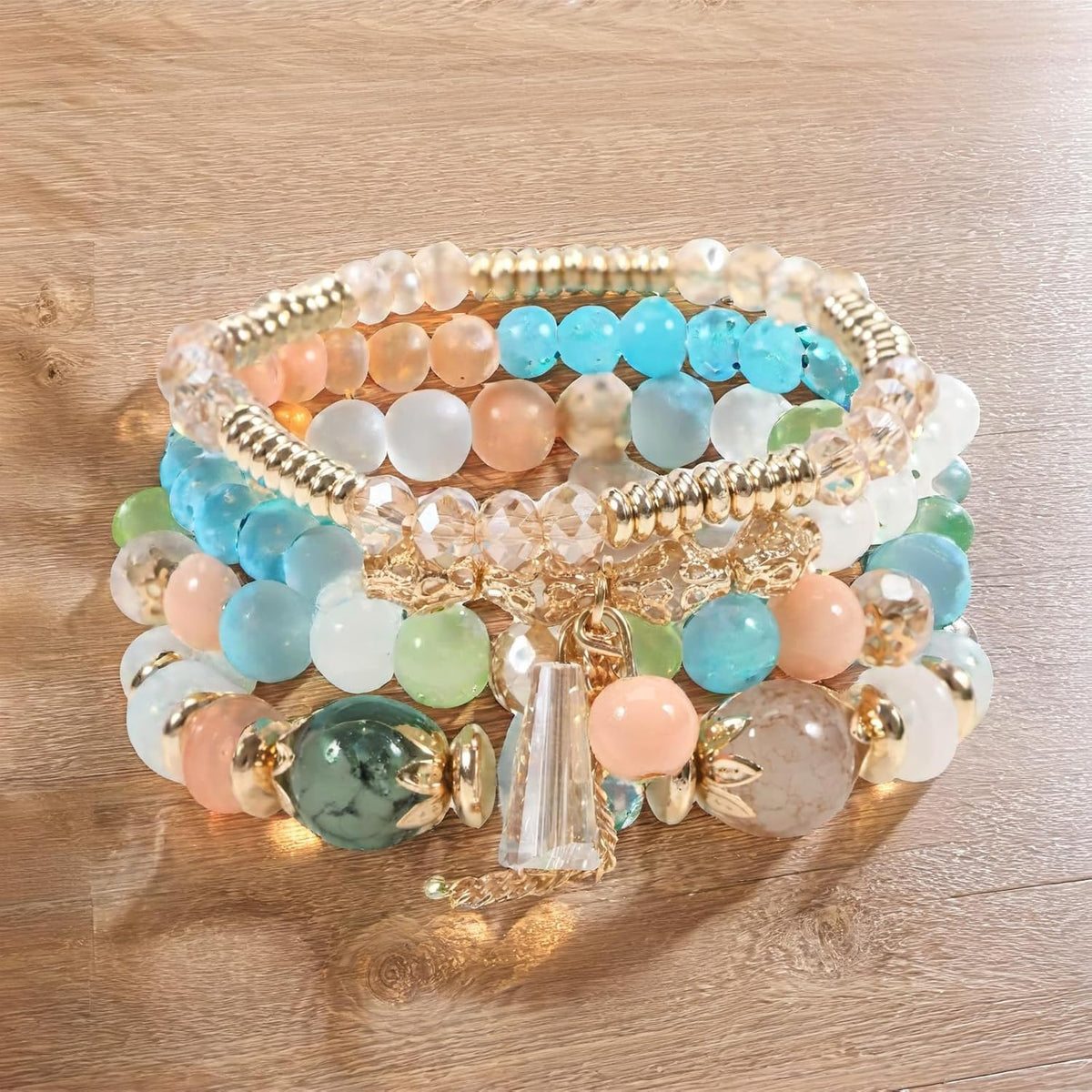 Bohemian Beaded Bracelet Set - Handmade Multi-Layer Glazed Stone Elastic Bracelets with Metal Tassel, Boho Chic Jewelry