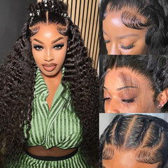 16 Inch 13x6 Deep Wave Lace Front Wigs Human Hair Pre Plucked HD Lace Brazilian Virgin Short Curly Human Hair Wig Glueless Frontal Wigs for Women 180 Density Natural Black Deep Wave Wig