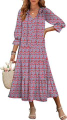 ANRABESS Women's Boho Maxi Dresses 2025 Summer Casual V Neck Puff Sleeve Floral Tiered Flowy Swing Beach Vacation Long Dress