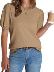 WIHOLL Women's Puff Short Sleeve Sweater 2025 Spring Summer Tops Trendy Business Casual Outfits Work Blouses Clothes
