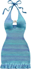 GORGLITTER Women's Crochet Halter Bubble Mini Dress Bow Backless Summer Bodycon Knit Dress Vacation Festival Outfits