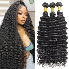 Deep Wave Human Hair Bundles 18 20 22 Inch Deep Curly Bundles Human Hair 12A Unprocessed Brazilian Virgin Weave 3 Bundles Real Human Hair Extensions 1B Natural Black Bundle for Women
